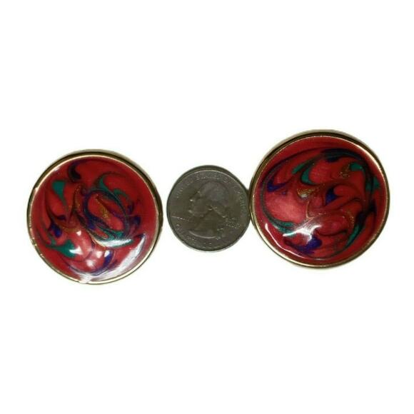 🌈 Vintage Swirl Enamel Earrings 💜 Clip-On Statement Retro Gold Tone - Picture 10 of 12